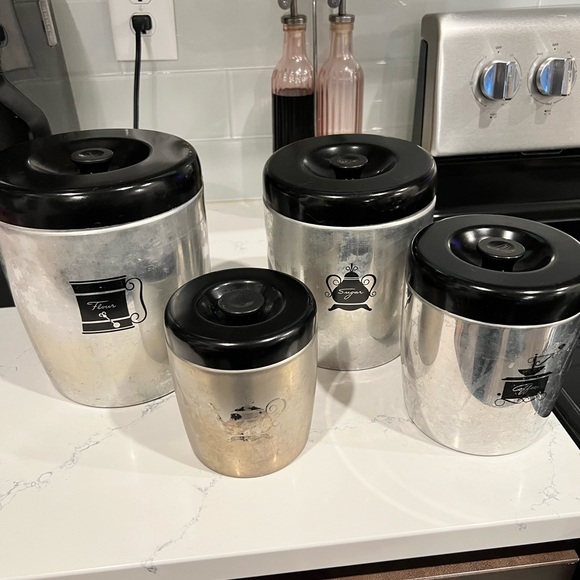 West Bend Other - Vintage West Bend Silver Kitchen Canister Set with Black Lids